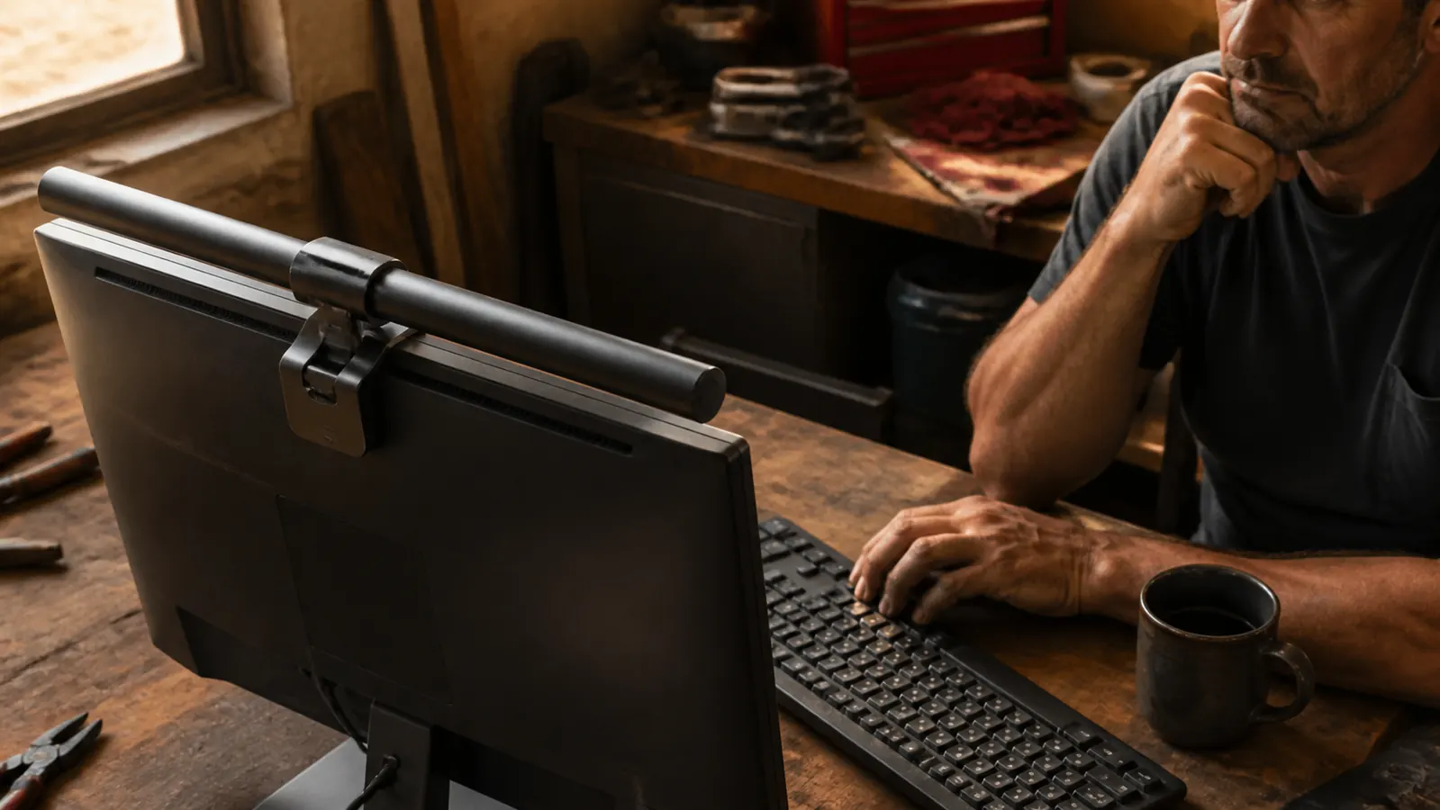 A close view of the counterweighted clamp of a monitor light bar gripping the top edge of a computer monitor over a desk
