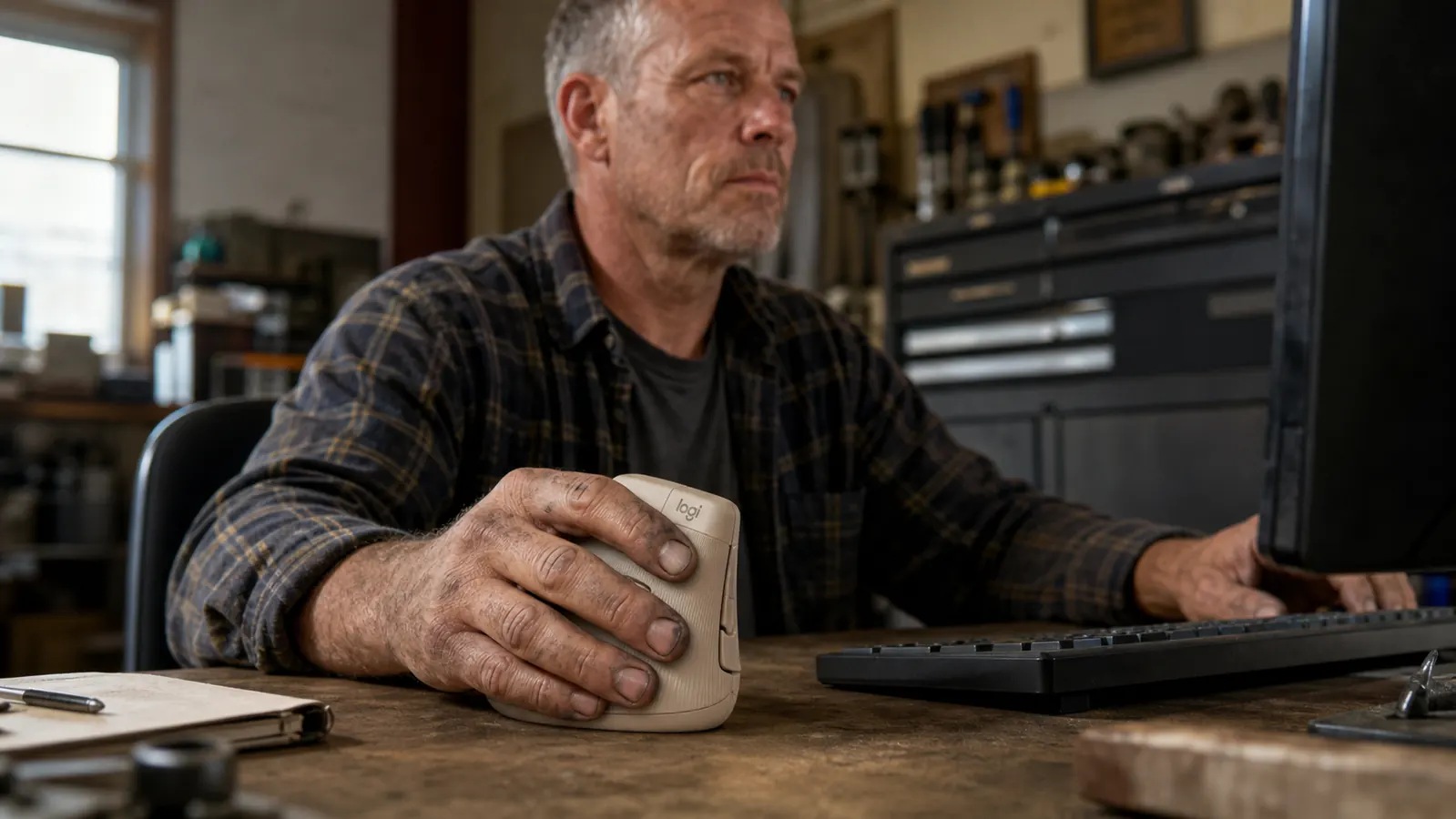 A weathered middle-aged man's hand resting on a sand-colored vertical ergonomic mouse in an upright handshake grip, thumb up, on a desk.