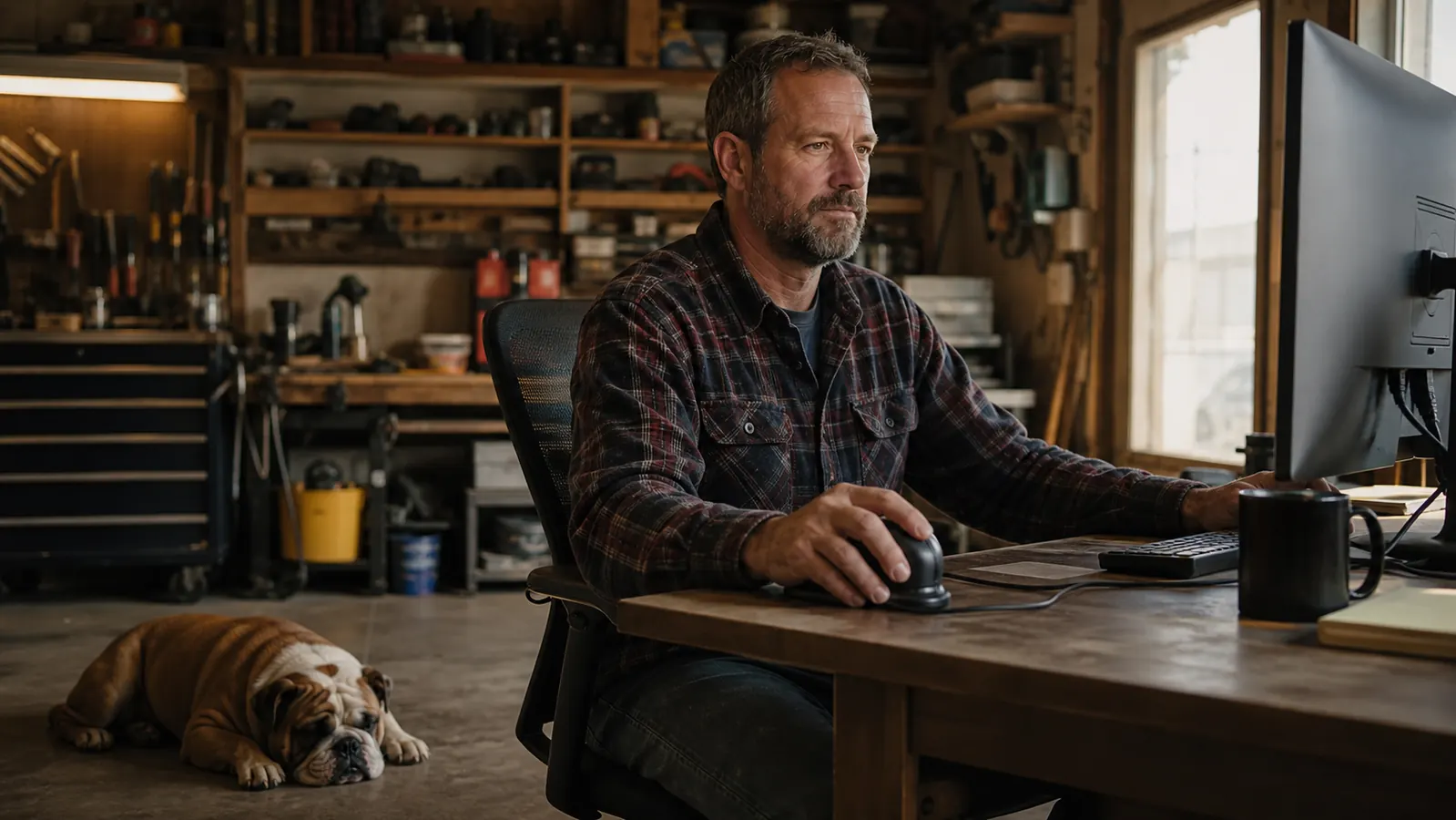 A man in his late 40s in a flannel shirt working at a computer at a garage office desk while a bulldog lies on the concrete floor nearby.