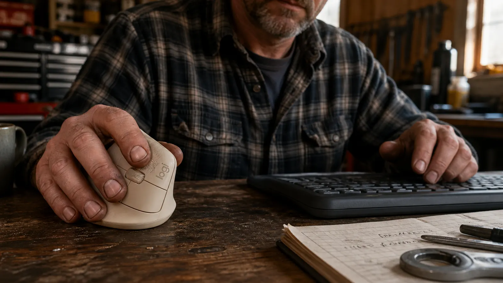 Close-up of a hand holding a sand-colored vertical ergonomic mouse lightly like resting a hand on a railing, showing a relaxed open grip.