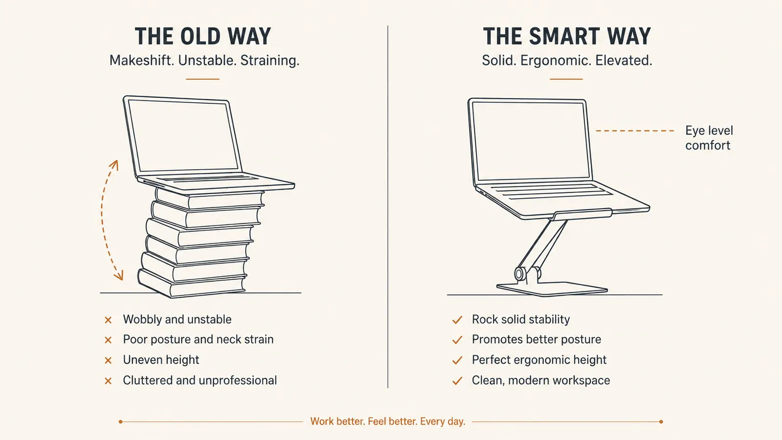 A drawn chart comparing a wobbly tower of books under a laptop against a steady aluminum stand under a laptop