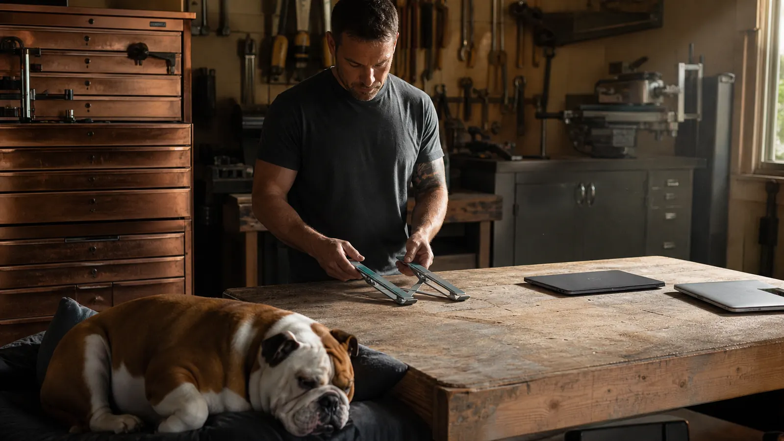 A man folding a silver aluminum laptop stand flat on a workbench after setting a laptop aside