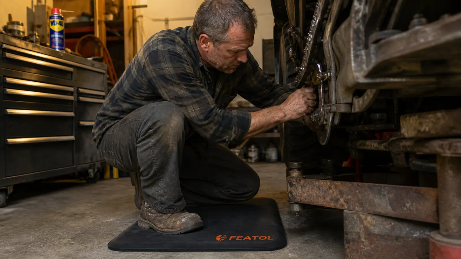 Close-up of Walt's work boots standing on the FEATOL mat, the memory foam visibly compressing under his weight on the concrete