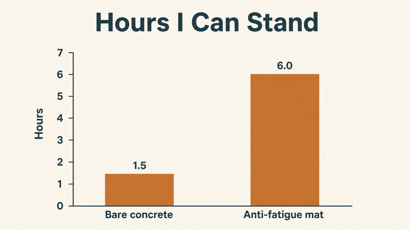 Bar chart comparing standing time on bare concrete against standing time on a mat across the workday