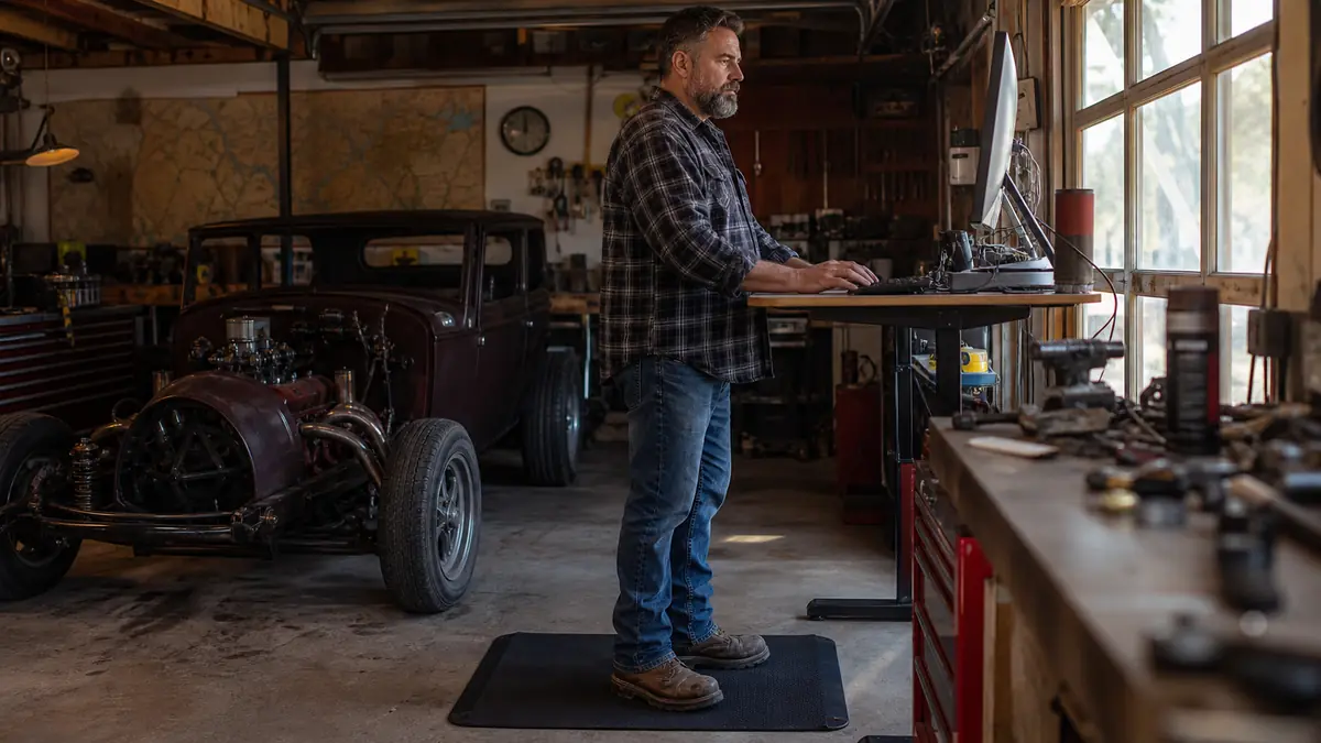 Walt standing at his raised desk beside a hot rod project, jacket off, hands on the keyboard, the mat under his boots