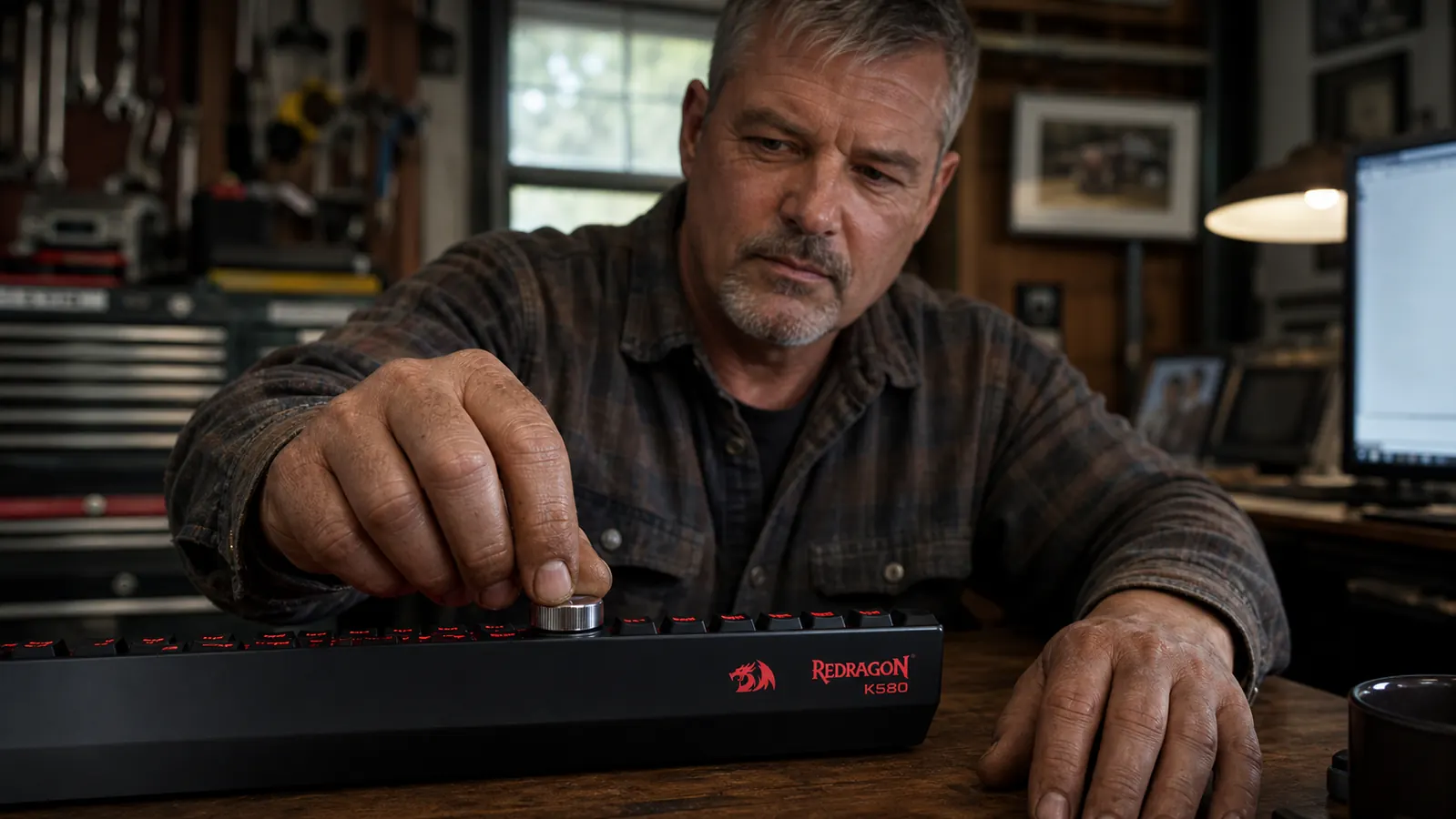 A hand reaching to turn the metal volume wheel at the top edge of the Redragon K580 mechanical keyboard with red backlight rimming the keys