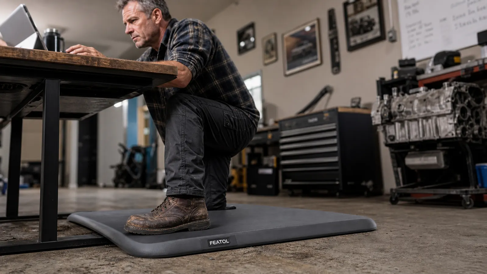 A heavy work boot stepping onto a thick grey anti-fatigue mat in front of a standing desk in a garage