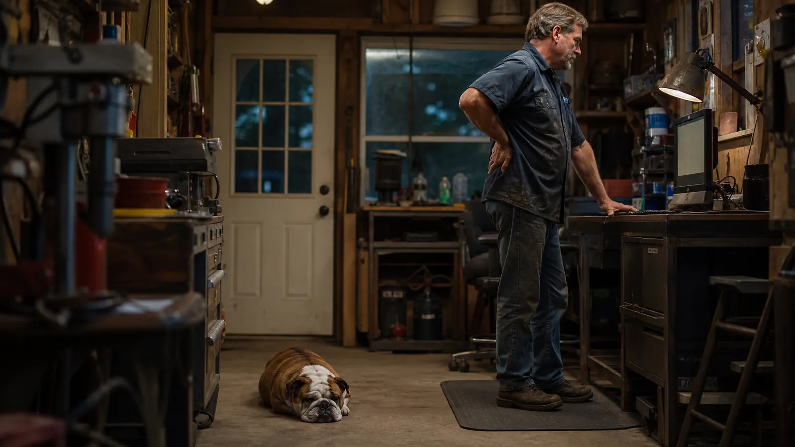 A rugged middle-aged man standing at a garage desk on a grey anti-fatigue mat, rubbing his lower back, a bulldog lying near his feet