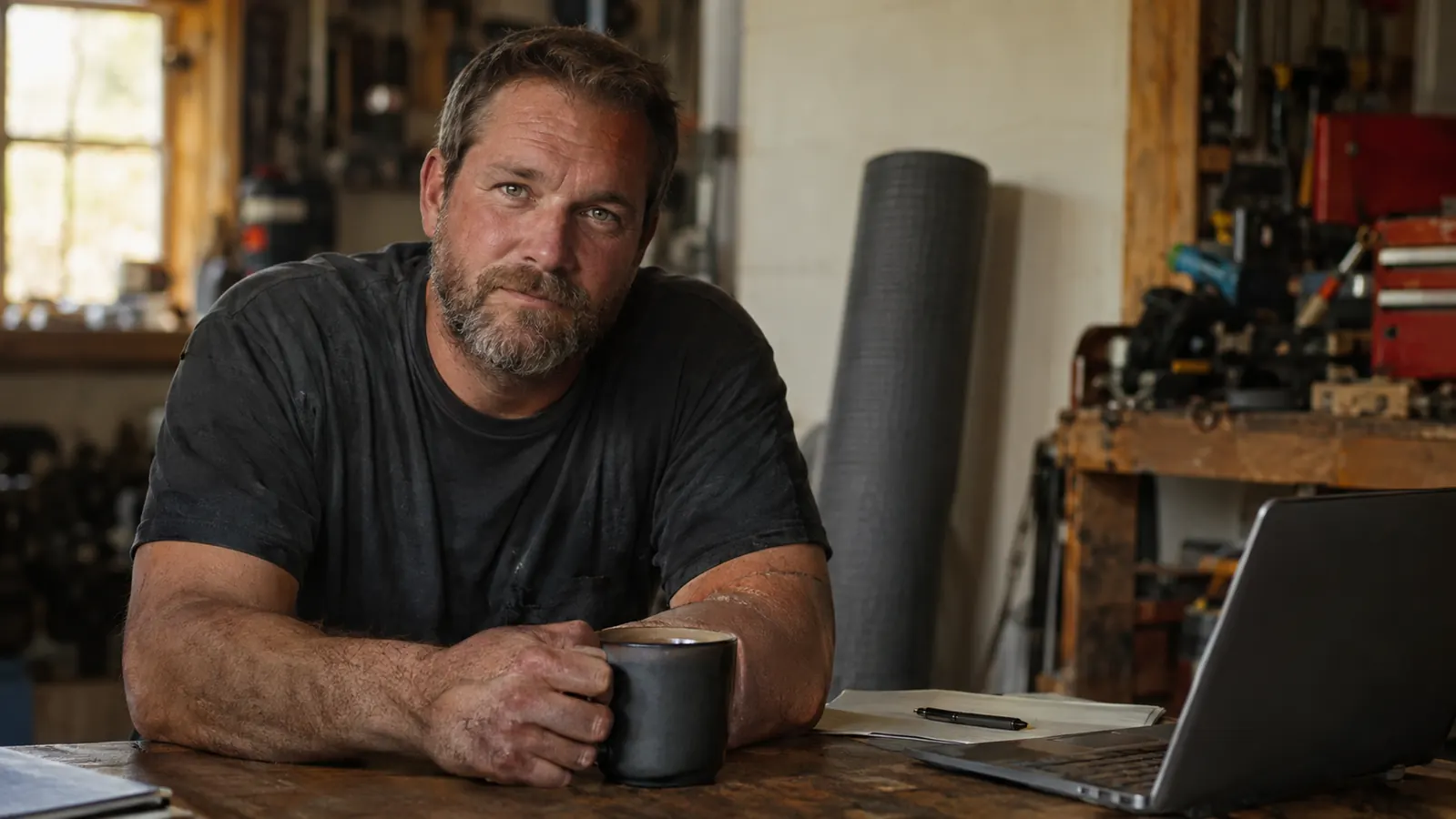 A man and his coffee at a plain kitchen table, a thick grey anti-fatigue mat leaning against the wall behind him, talking to the reader