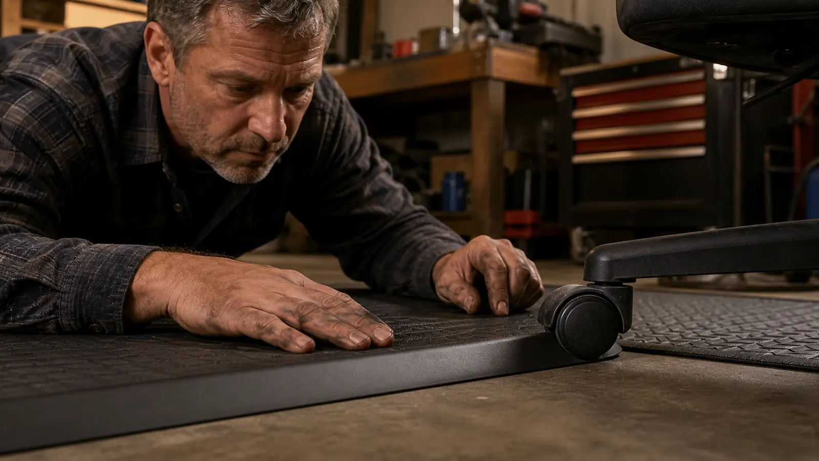Close shot of the raised edge of the FEATOL mat with a rolling chair castor bumping against the small lip it has to climb