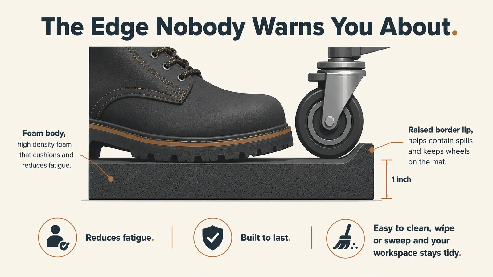 A labeled cross-section drawing of the FEATOL mat showing the nearly one-inch thick foam and the raised edge lip, a boot on one side and a chair castor climbing the lip on the other