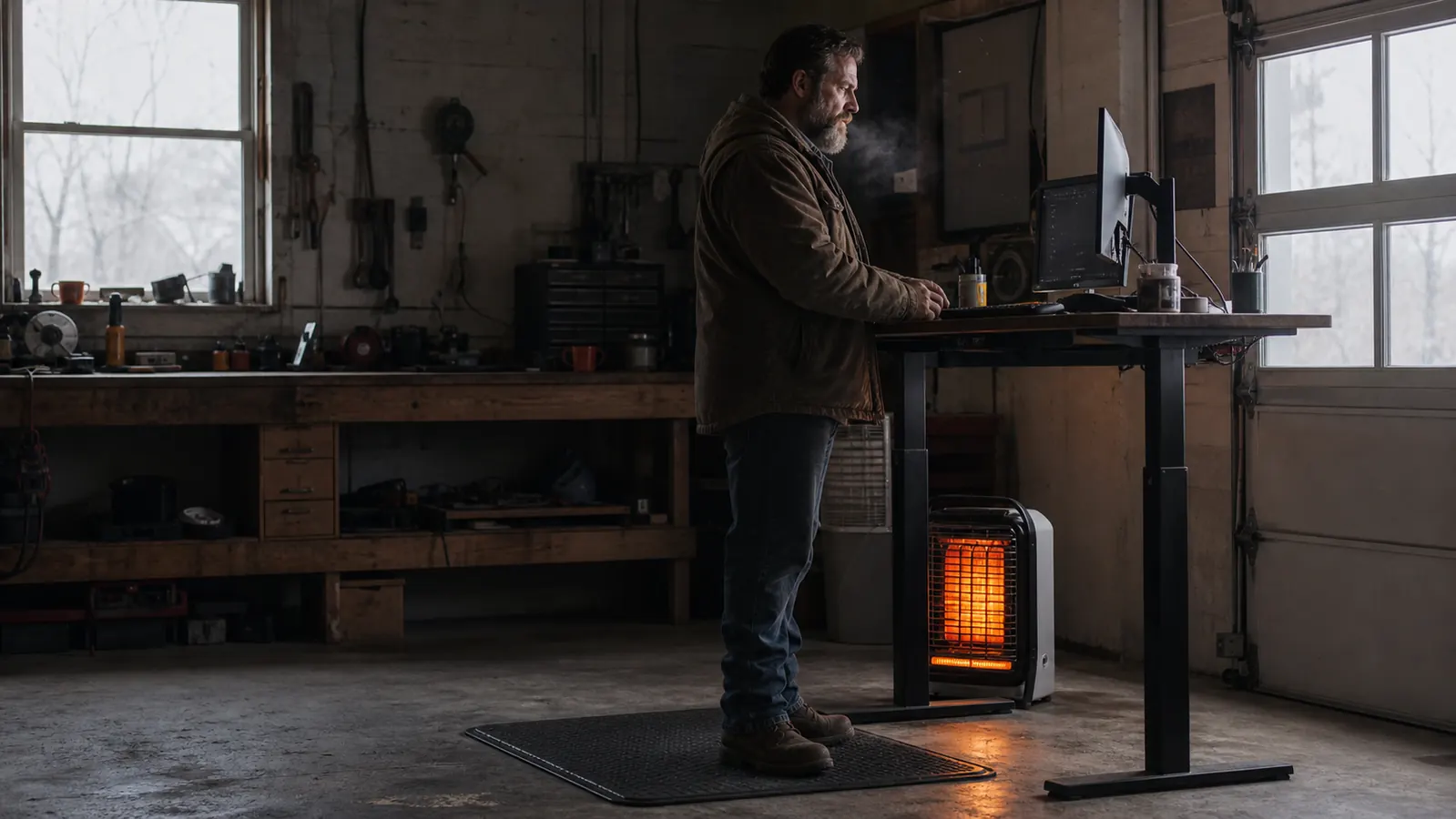 Walt standing on the FEATOL mat in a cold winter garage office, wearing a heavy jacket with a small space heater glowing near his feet
