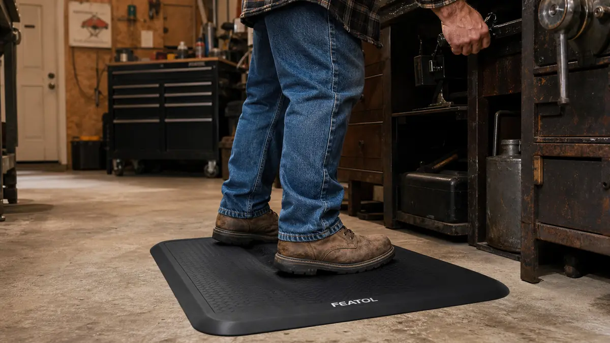 Close-up of Walt's work boots standing on the FEATOL mat, which visibly compresses under the weight