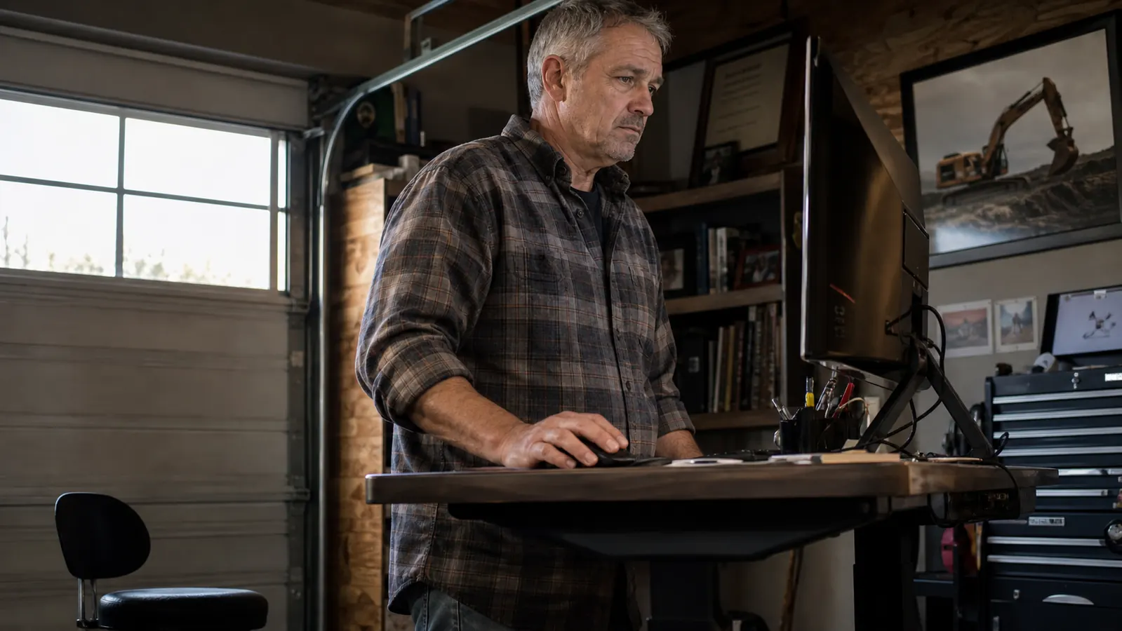 A pair of work boots standing on top of a thick memory foam anti-fatigue mat at the base of a standing desk