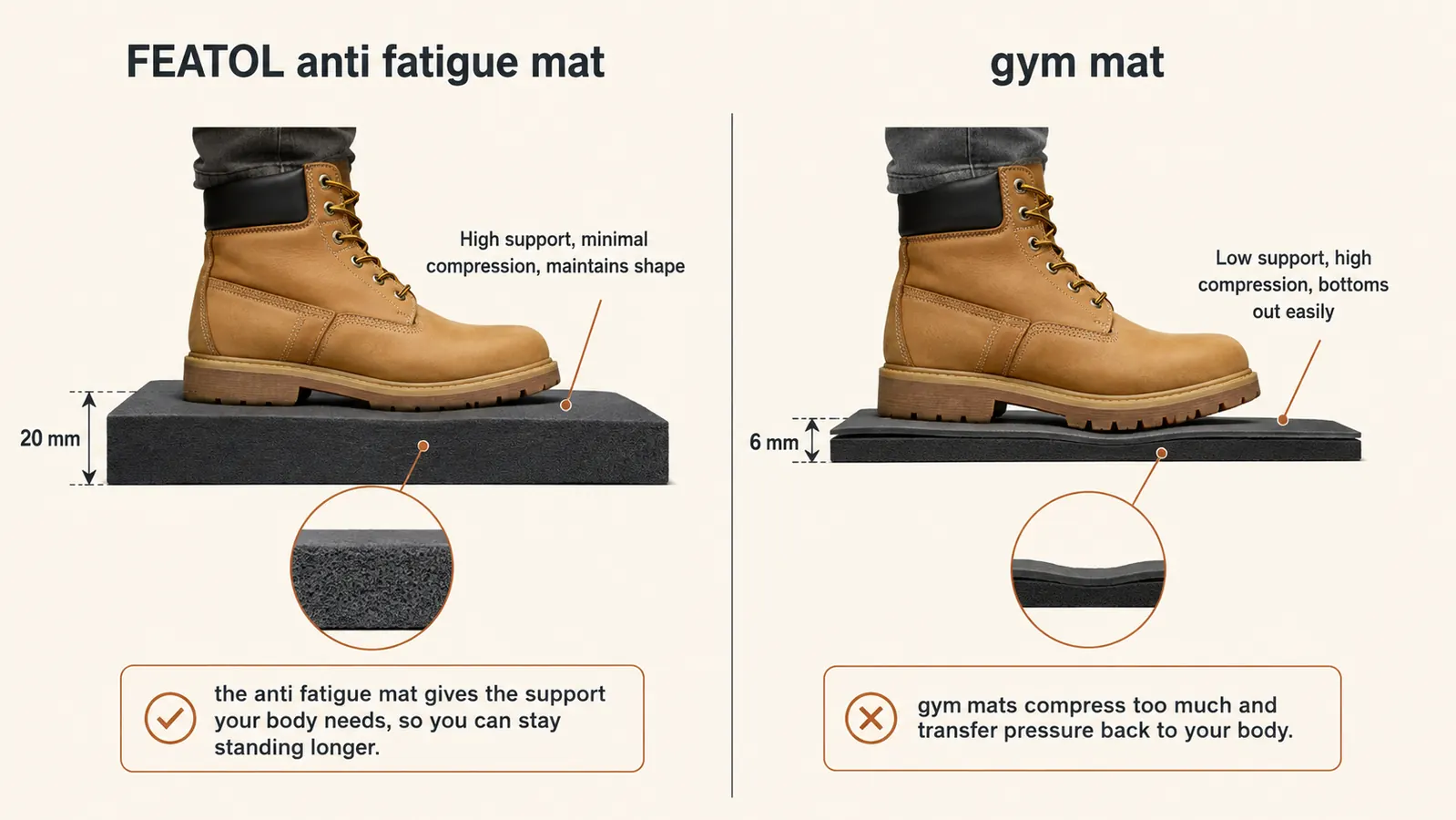 A simple comparison chart showing a thick memory foam mat staying cushioned versus a thin gym mat flattening under the same weight