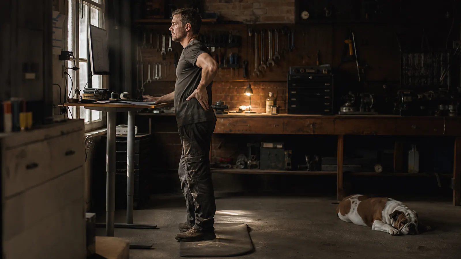 A tired man leaning on a standing desk, reaching for his lower back, standing on a flattened thin mat