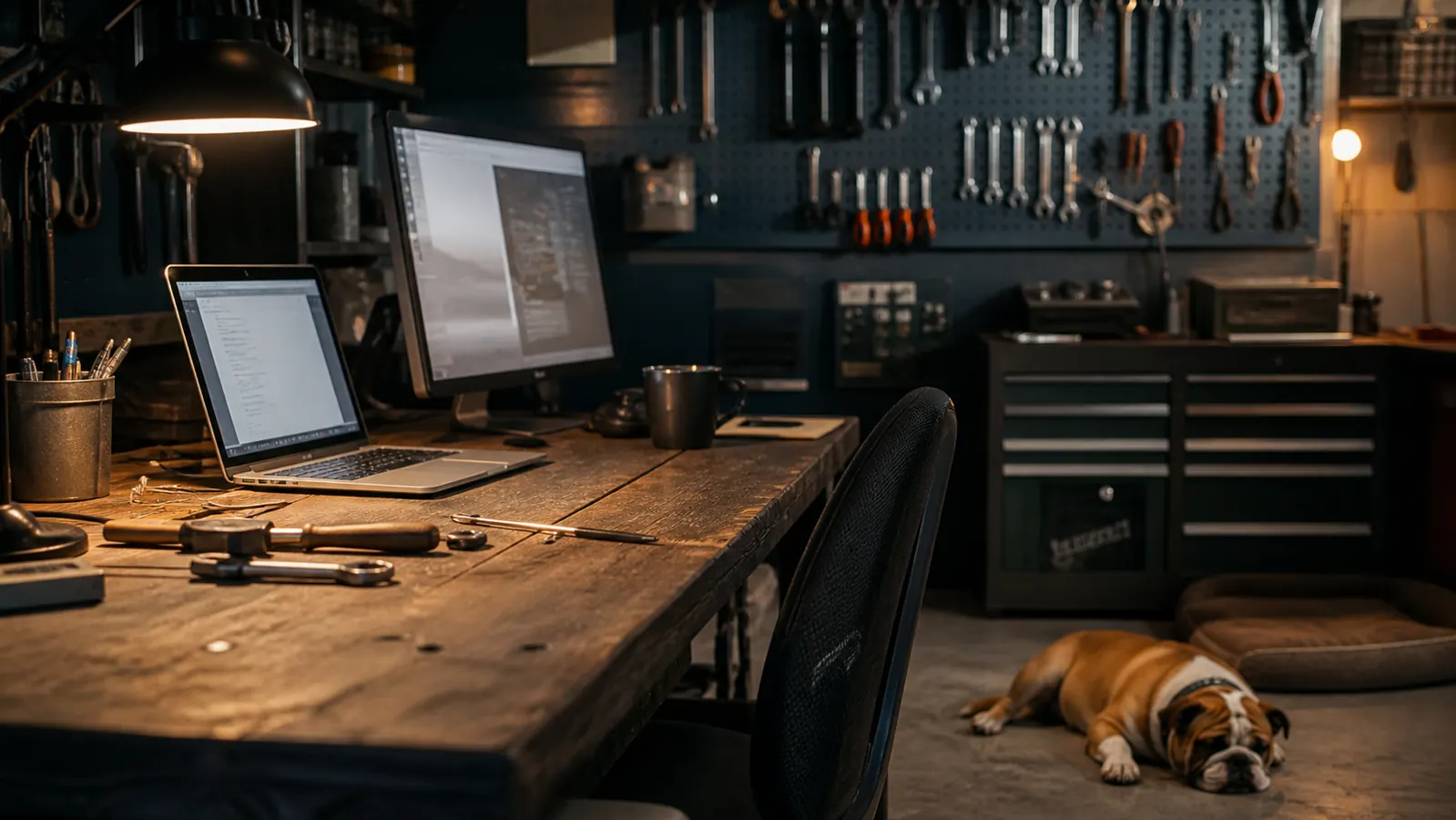A home office desk set up in a converted garage, a mechanical keyboard and a monitor light bar on the bench, bulldog asleep on the concrete