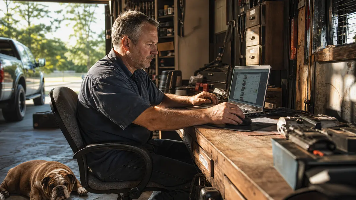 A mechanic sitting at a home office desk in a garage using a vertical mouse, his bulldog sleeping at his feet on the concrete
