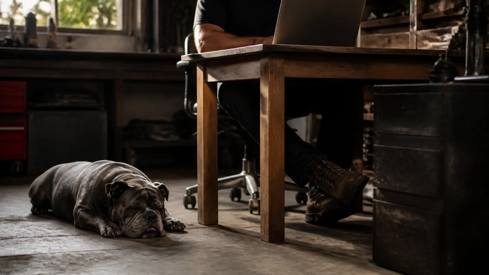A heavy-set bulldog named Dozer sleeping on the concrete floor beside a desk chair while a man works at a raised laptop