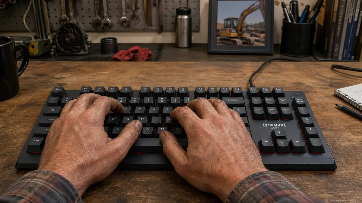 Two hands hovering over a Redragon K580 mechanical keyboard, wrists floating straight in line with the forearms