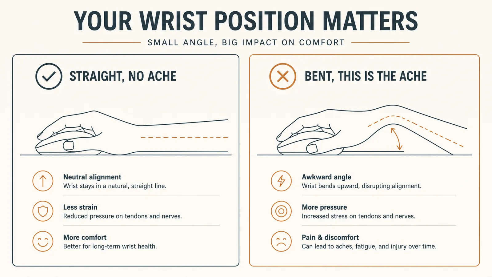 A simple diagram comparing a straight wrist and a bent wrist while reaching for a keyboard