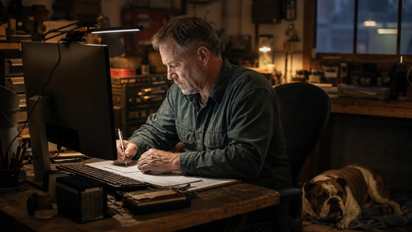 A man in a workshop shirt seated at a desk lit by a monitor light bar, reading paperwork by the light with a bulldog beside him