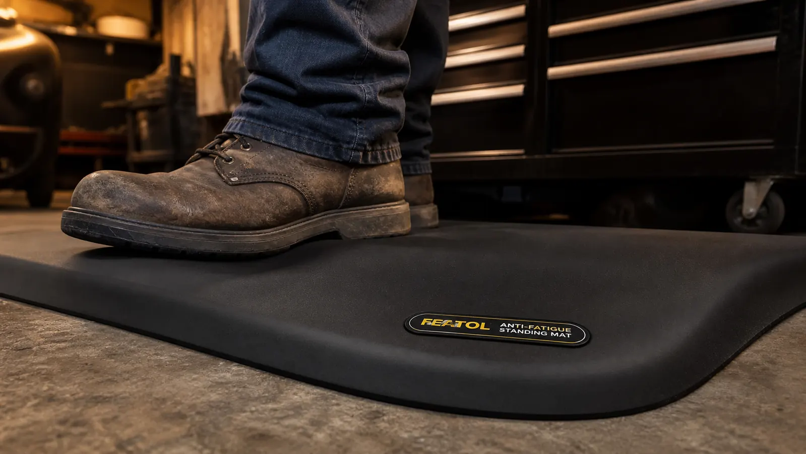 Close-up of Walt's work boots standing on the FEATOL mat, which visibly compresses under his weight