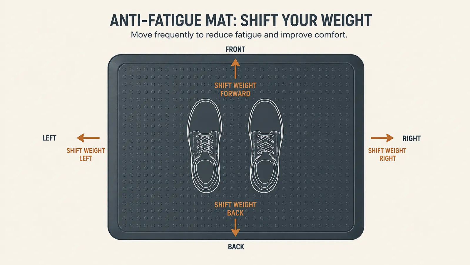 Simple diagram showing the right standing weight shift pattern on the mat, with arrows showing small front-back and side movements