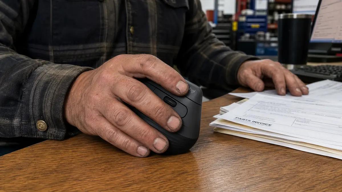 Close-up of a hand gripping a sand-colored Logitech Lift vertical mouse in the natural handshake angle on a desk