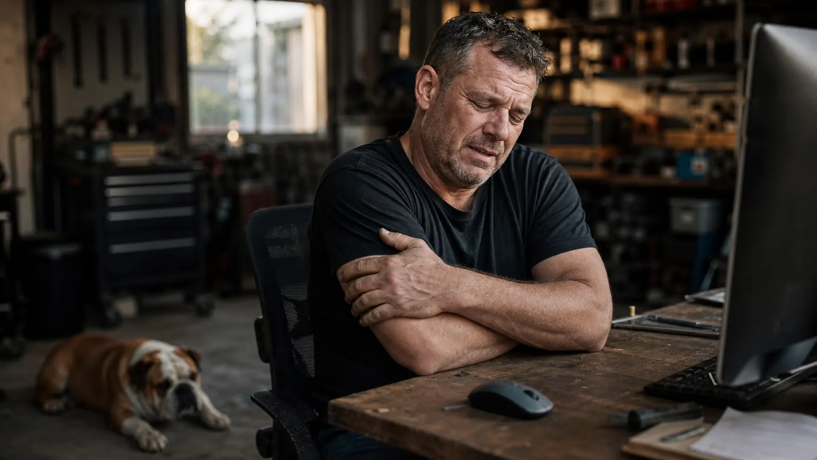 A man at a garage desk rubbing his forearm with one hand, the flat old mouse at his elbow, looking tired at the end of the day