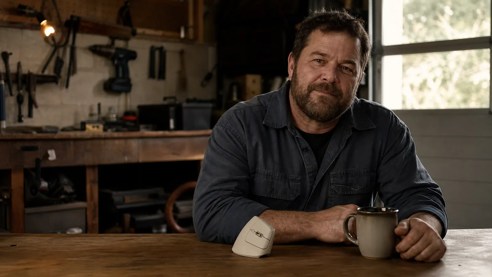 A man and his coffee at a plain kitchen table, relaxed, with a sand-colored vertical mouse resting in front of him, talking to the reader