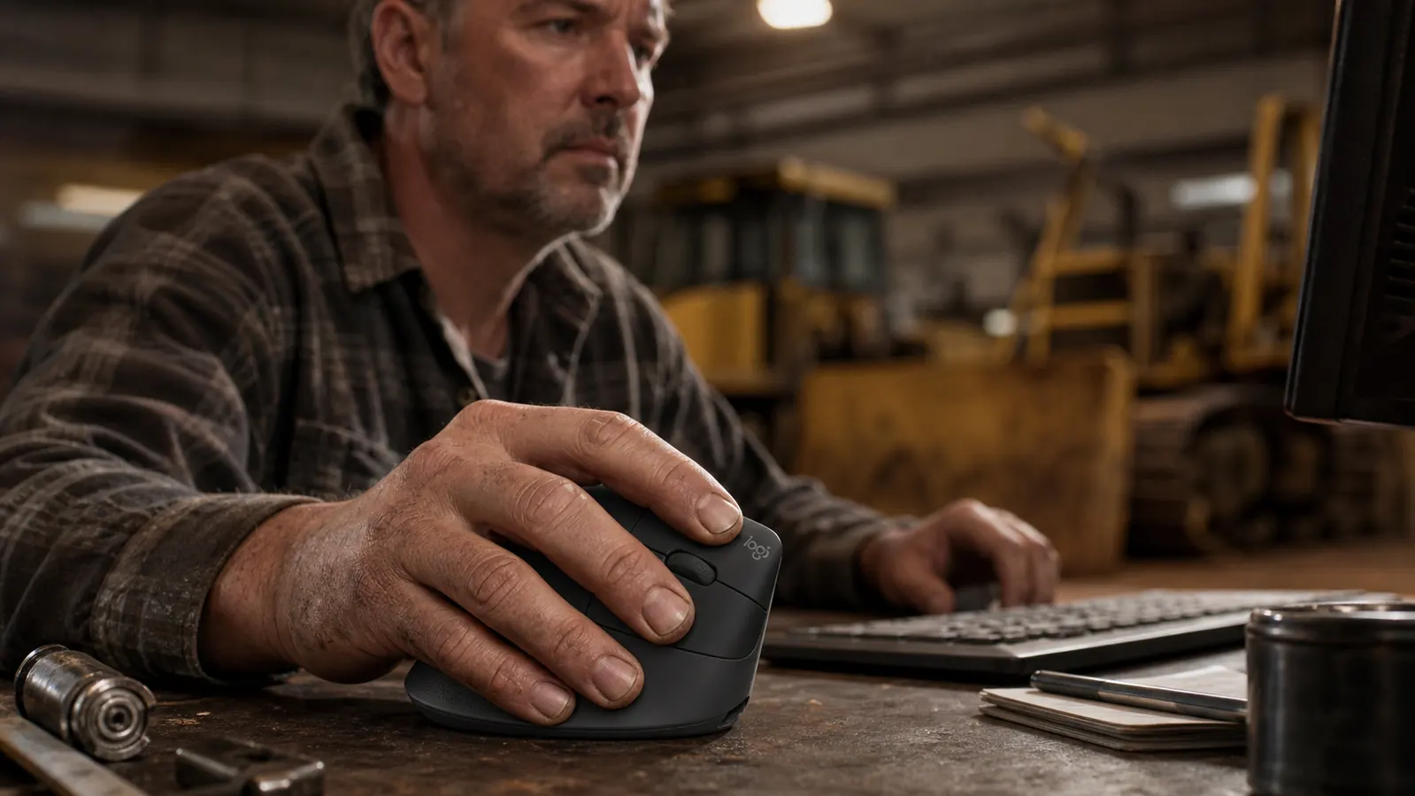 A hand resting naturally on the sand-colored Logitech Lift vertical mouse on a wooden desk in a garage office