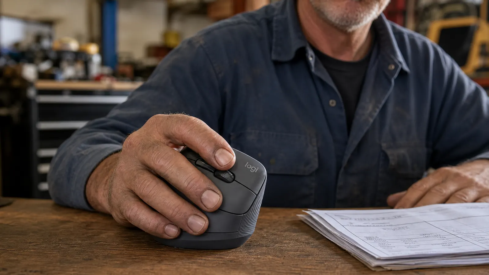 Close-up of a hand gripping a sand-colored Logitech Lift vertical ergonomic mouse on a desk, palm resting in the handshake angle