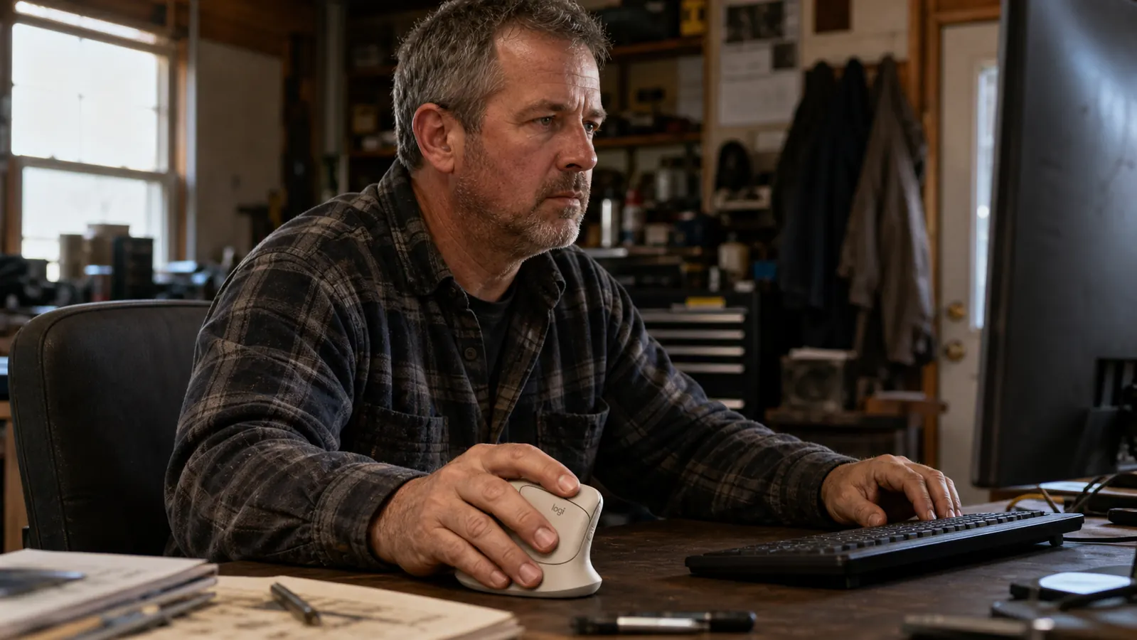 A man's hand holding a sand-colored vertical ergonomic mouse at a desk in a relaxed, handshake-style grip with the thumb up.