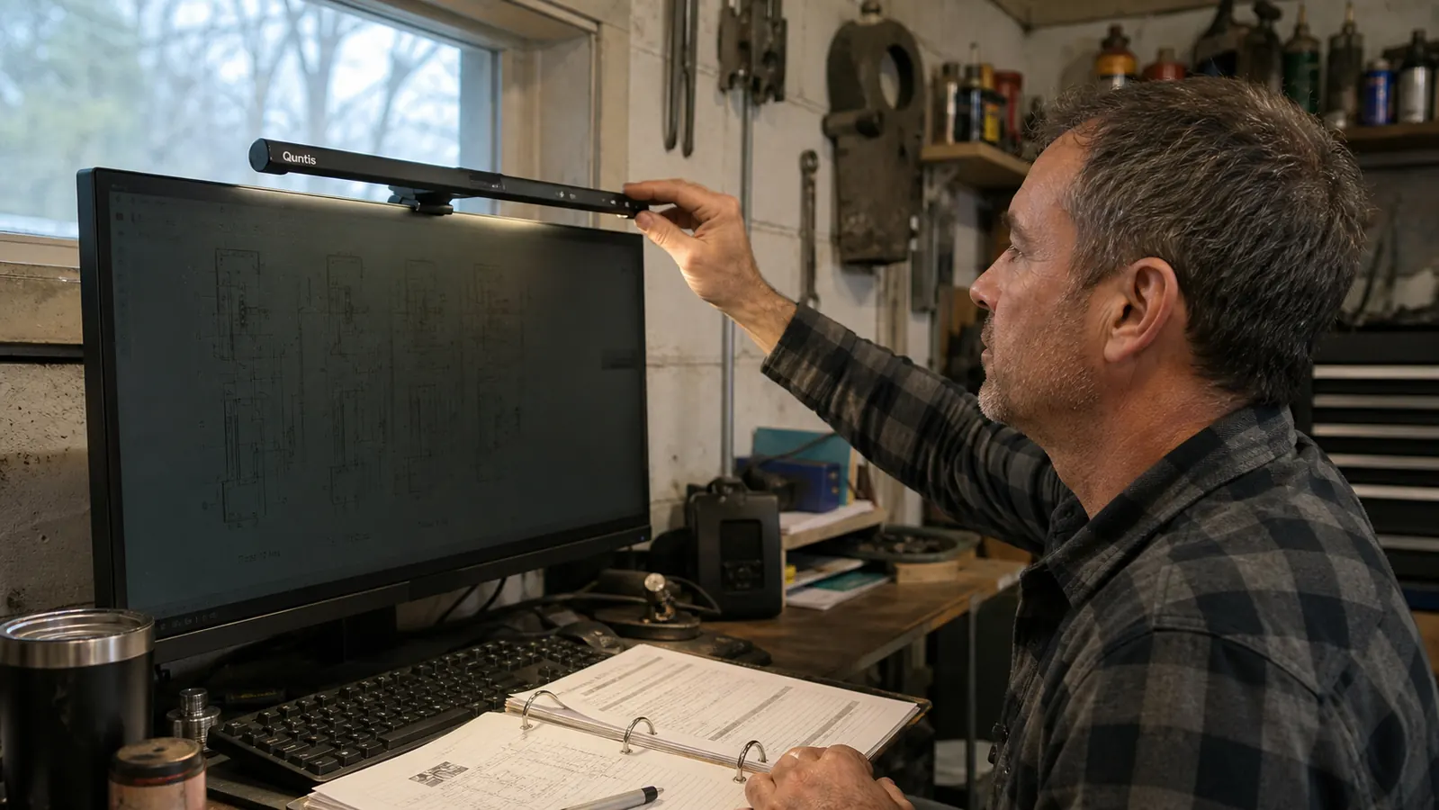A hand clipping a small monitor light bar onto the top edge of a computer screen, its light falling across paperwork on the desk.