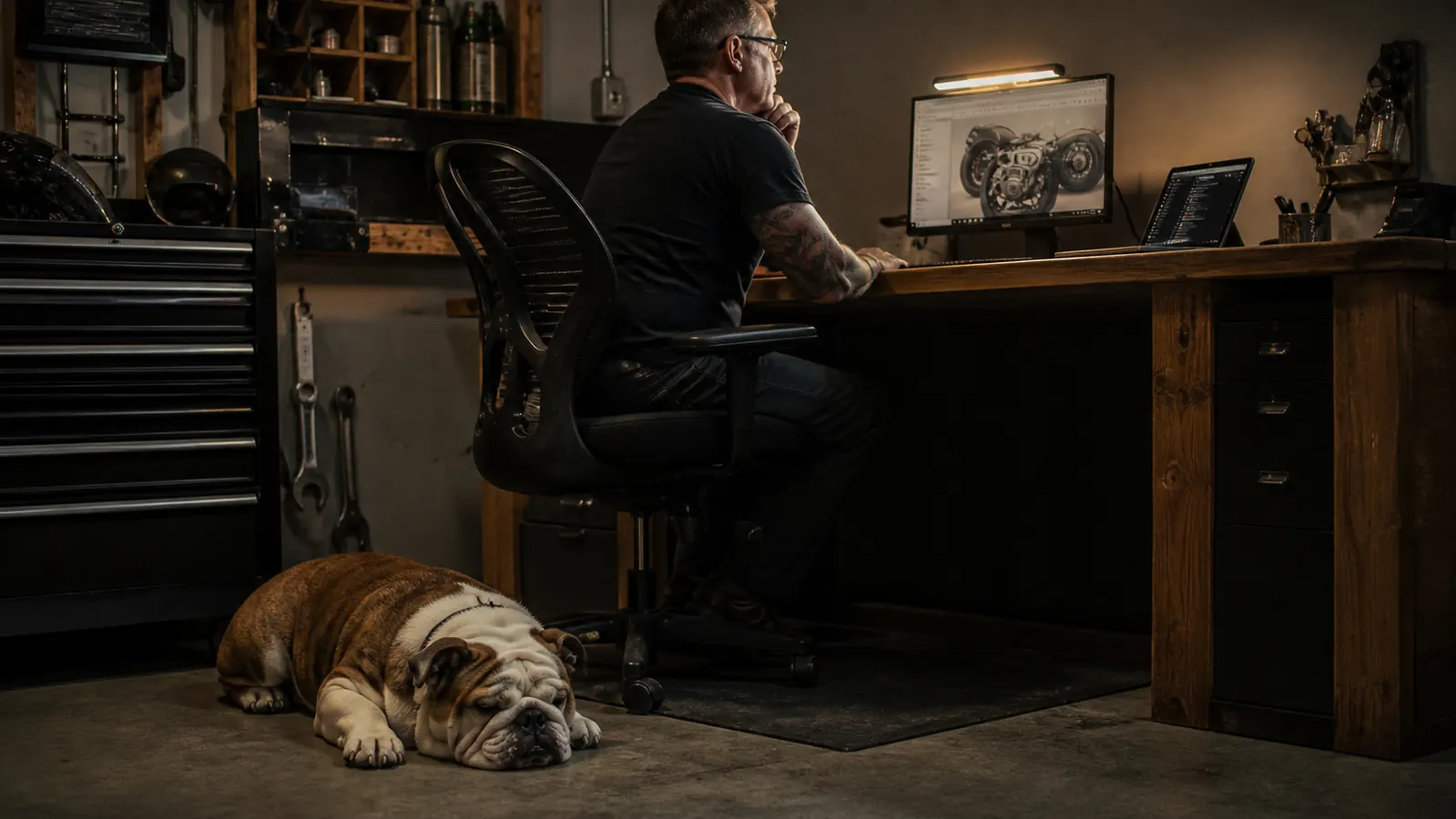 An English bulldog sleeping on a concrete garage floor beside a desk chair in front of a softly lit monitor.