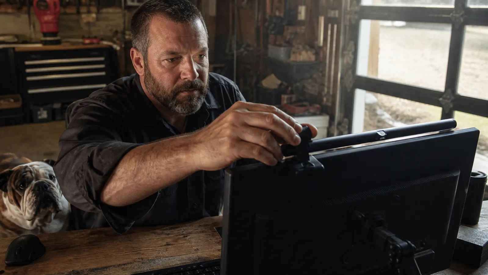 A man tightening the clamp of a monitor light bar onto the top bezel of a monitor to check the fit