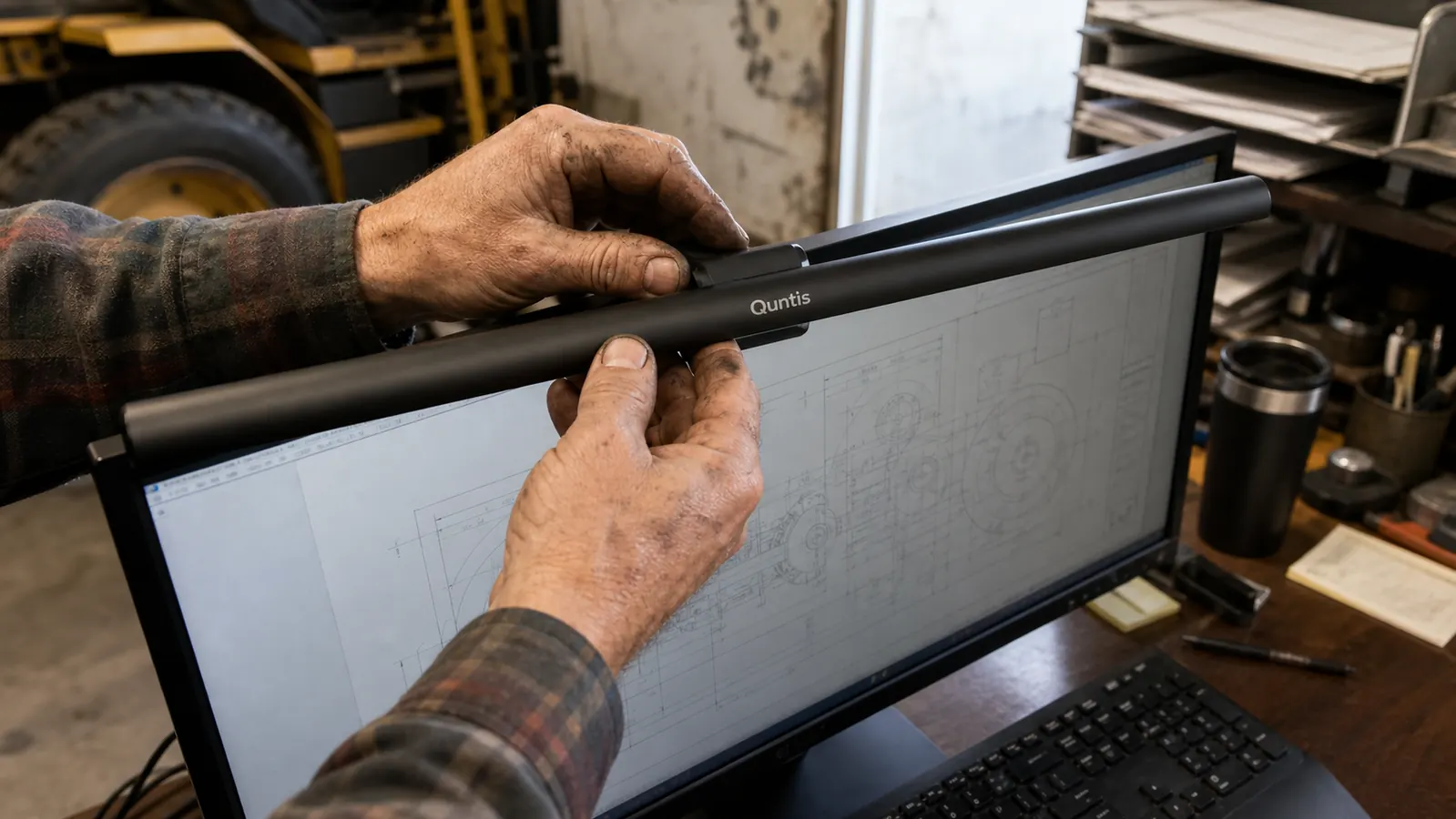 Hands clamping a monitor light bar onto the top edge of a computer monitor over a desk