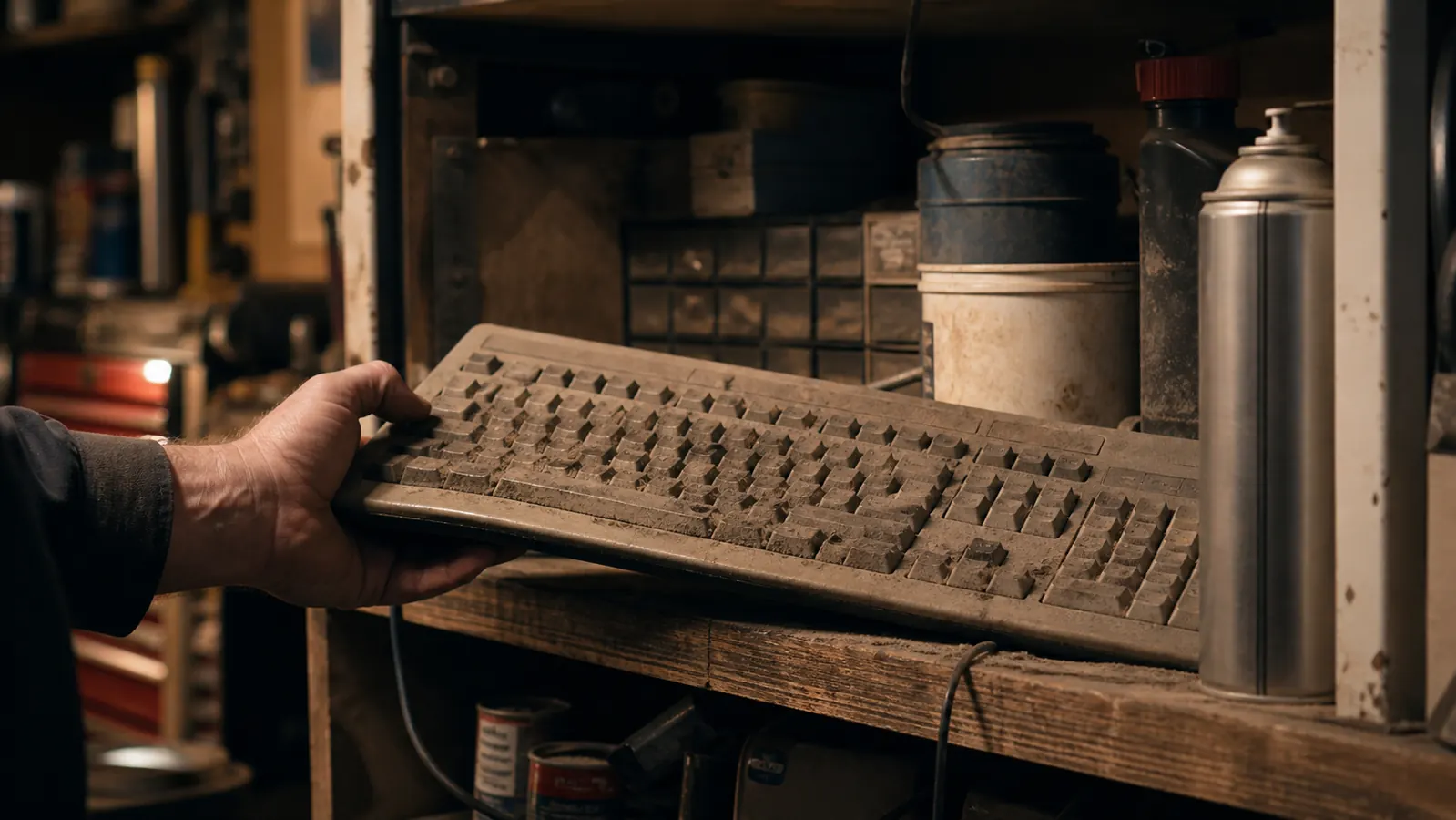 An old worn rubber-dome keyboard with faded lettering set aside on a garage shelf