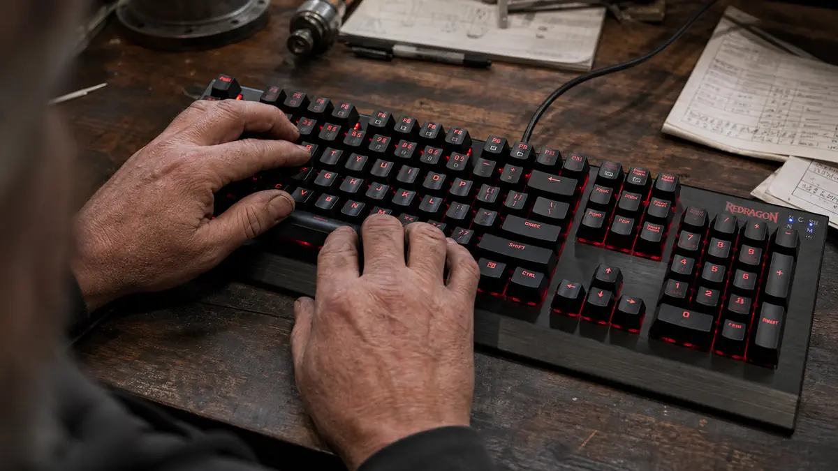Close-up of a mechanic's greasy hands typing on the Redragon K580 keyboard, fingertips leaving faint smudges on the glossy keycaps