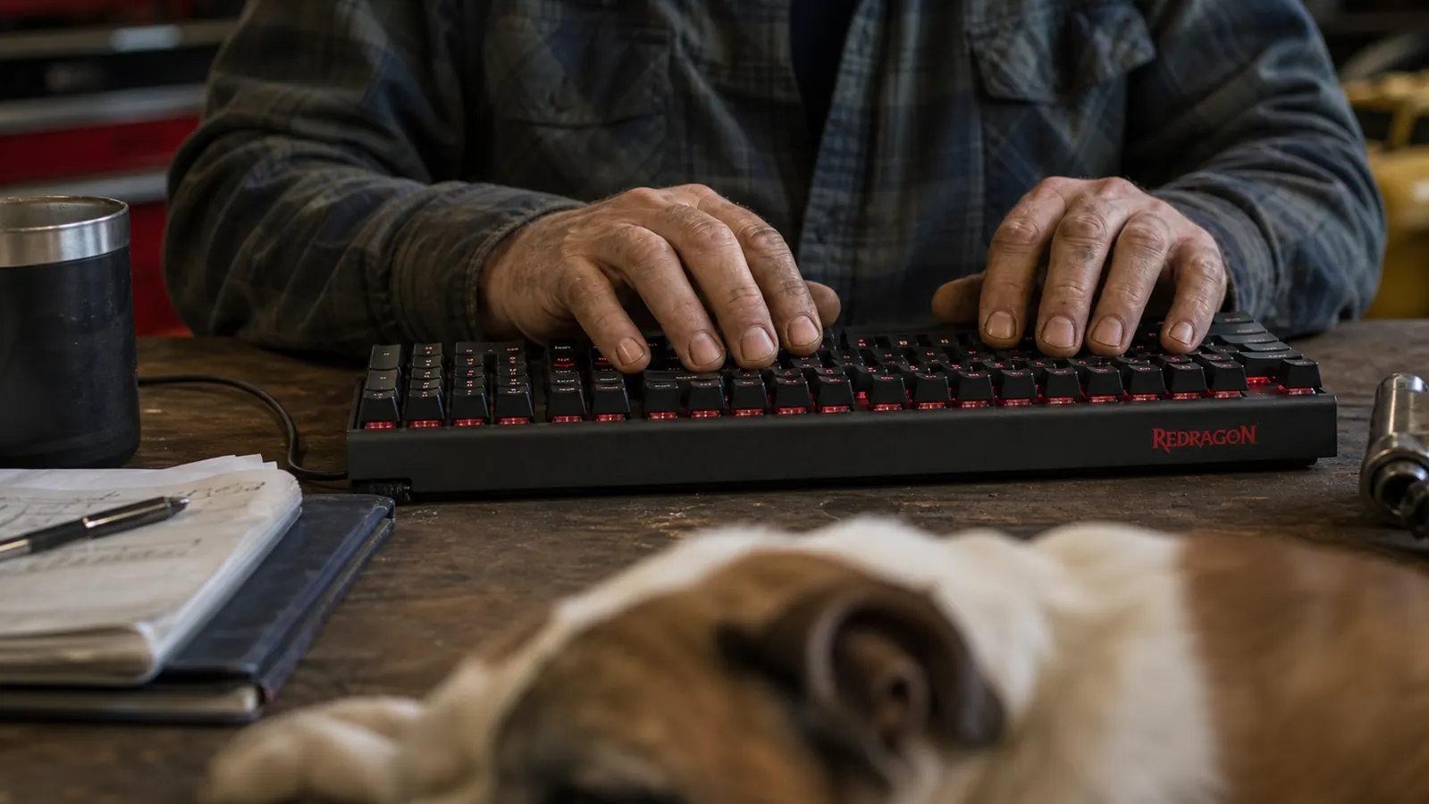 Close-up of weathered hands typing steadily on the Redragon K580 keyboard on a workbench desk