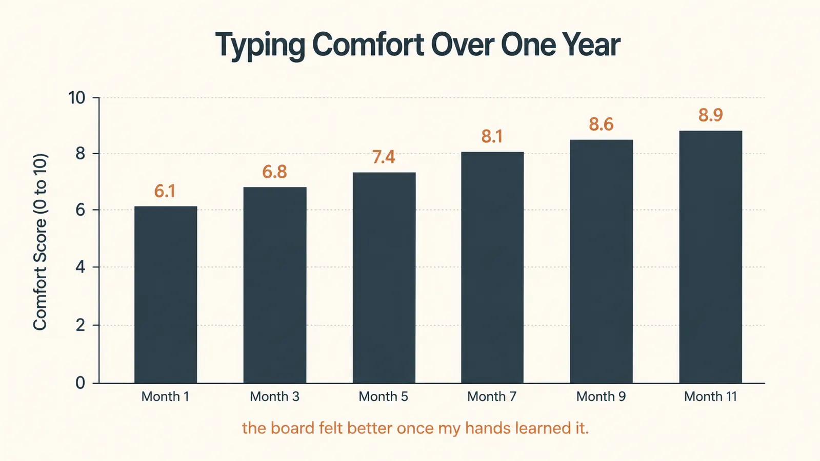 Simple bar chart titled 12 Months of Keys with a single bar at zero labeled 0 failures, no sticky keys, no dead switches