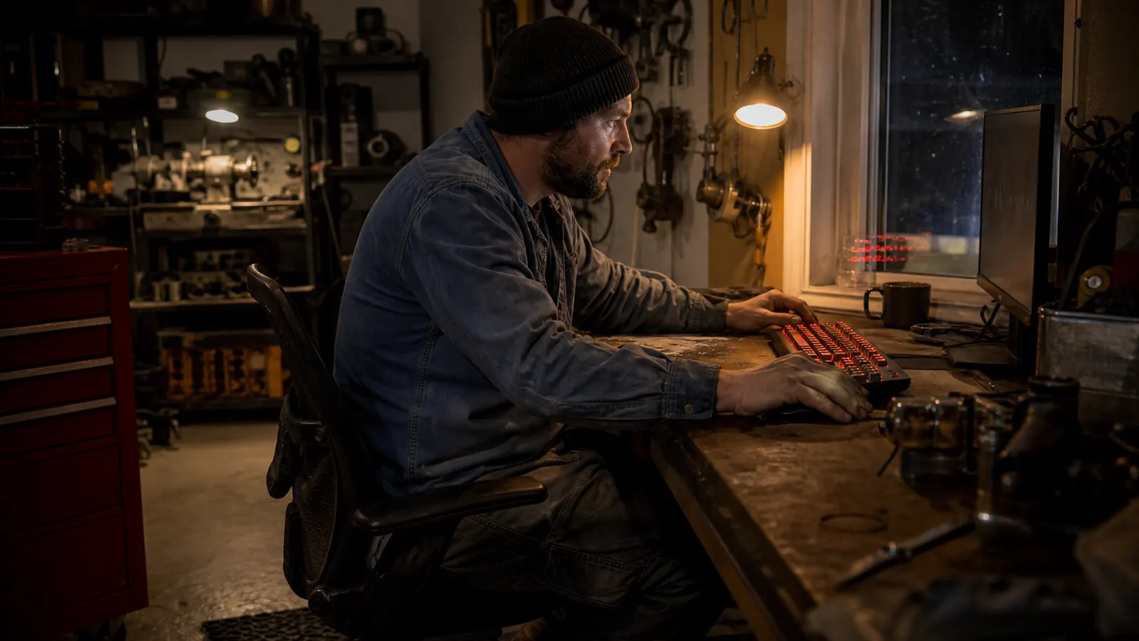 A home office corner set up inside a converted garage at night with the mechanical keyboard glowing on the desk