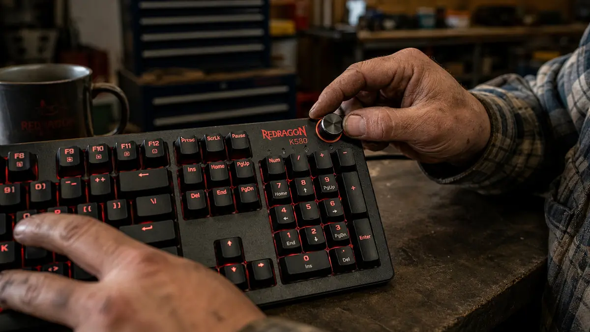 A hand reaching for the metal volume wheel at the top edge of the Redragon K580 keyboard