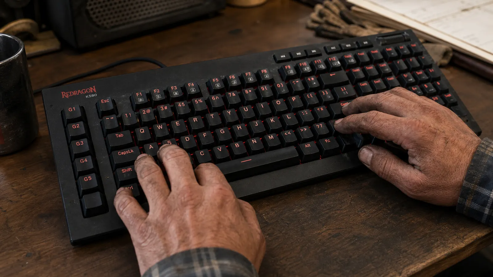 A macro key and letter key on the Redragon K580 keyboard seen close up with soft red backlight rimming the caps