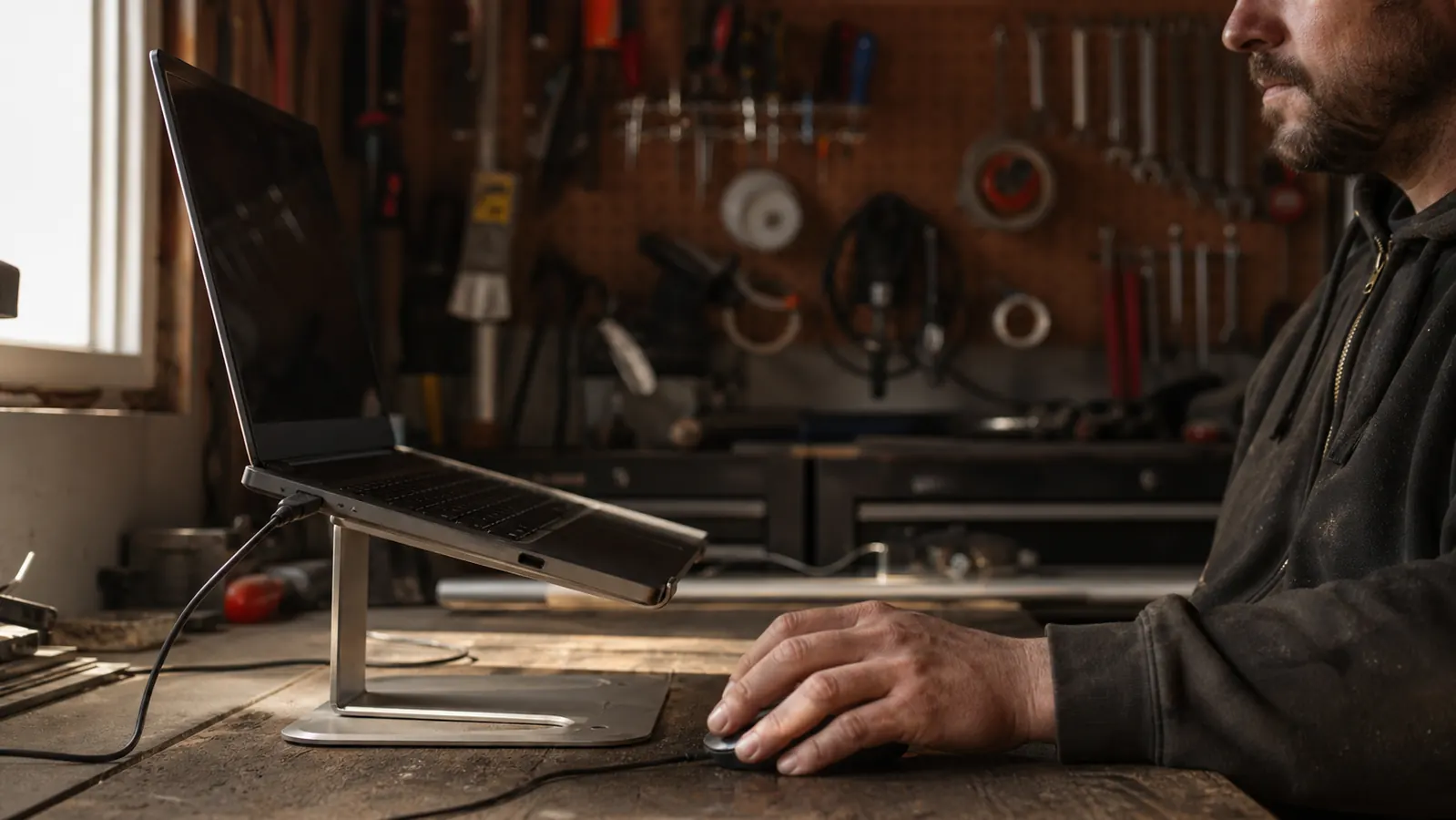 A laptop sitting open and steady on a silver aluminum stand on a garage workbench, cables and a mouse running up to it