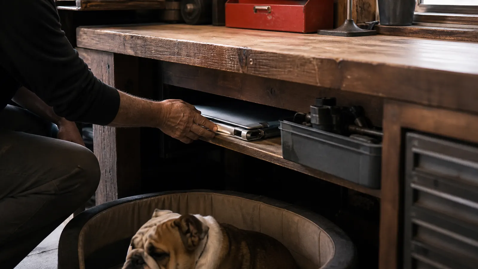 The same laptop stand folded flat and tucked onto a shelf under the workbench, out of the way when the bench is used for real work