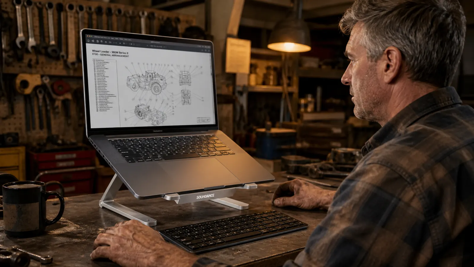 A heavy 15-inch laptop sitting open on an aluminum SOUNDANCE laptop stand on a workbench desk, with a mechanical keyboard in front and a mug of coffee off to the side.