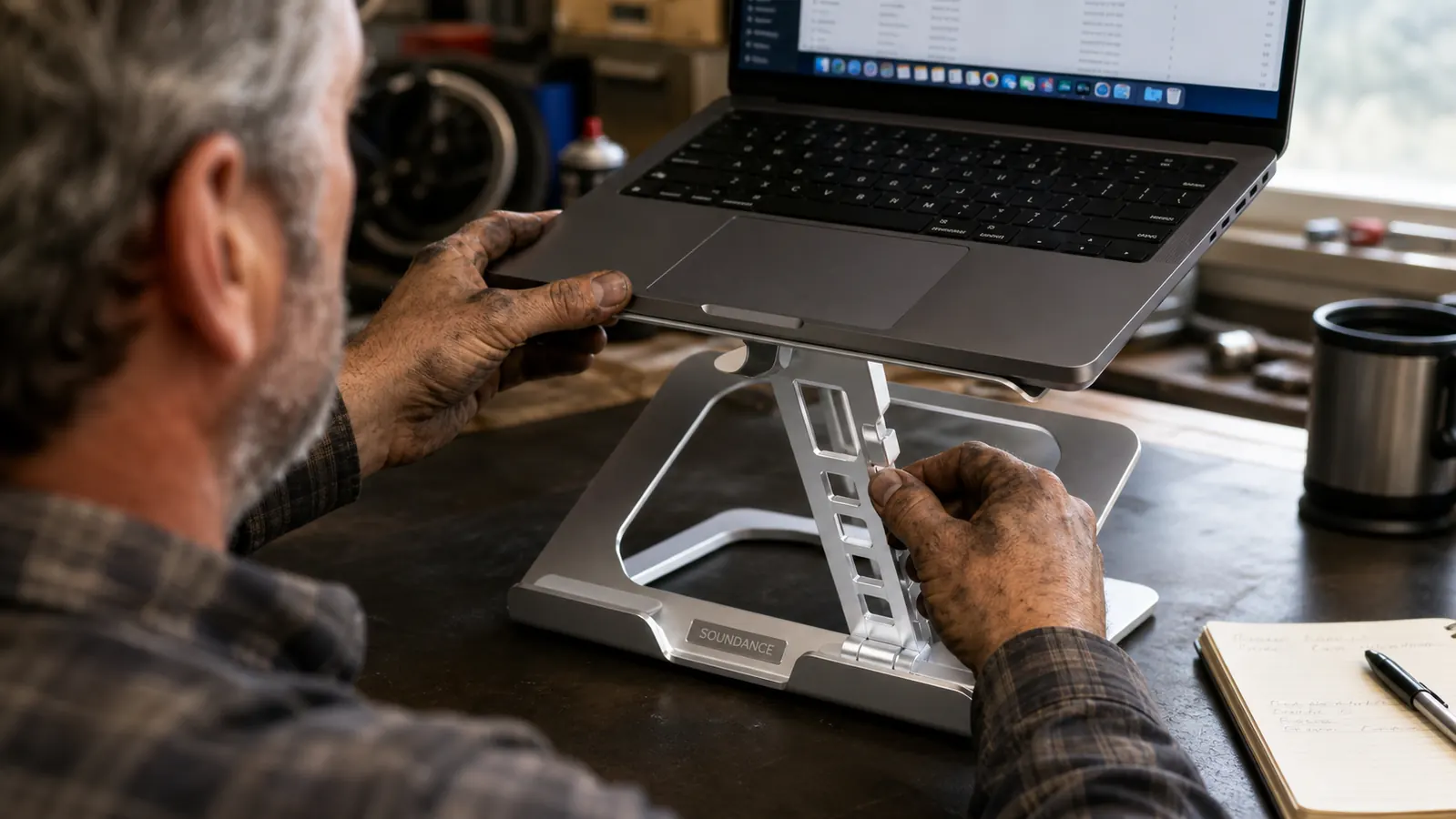 A hand adjusting the height of a silver aluminum laptop stand on a desk, the laptop sitting open on top with its screen near eye level