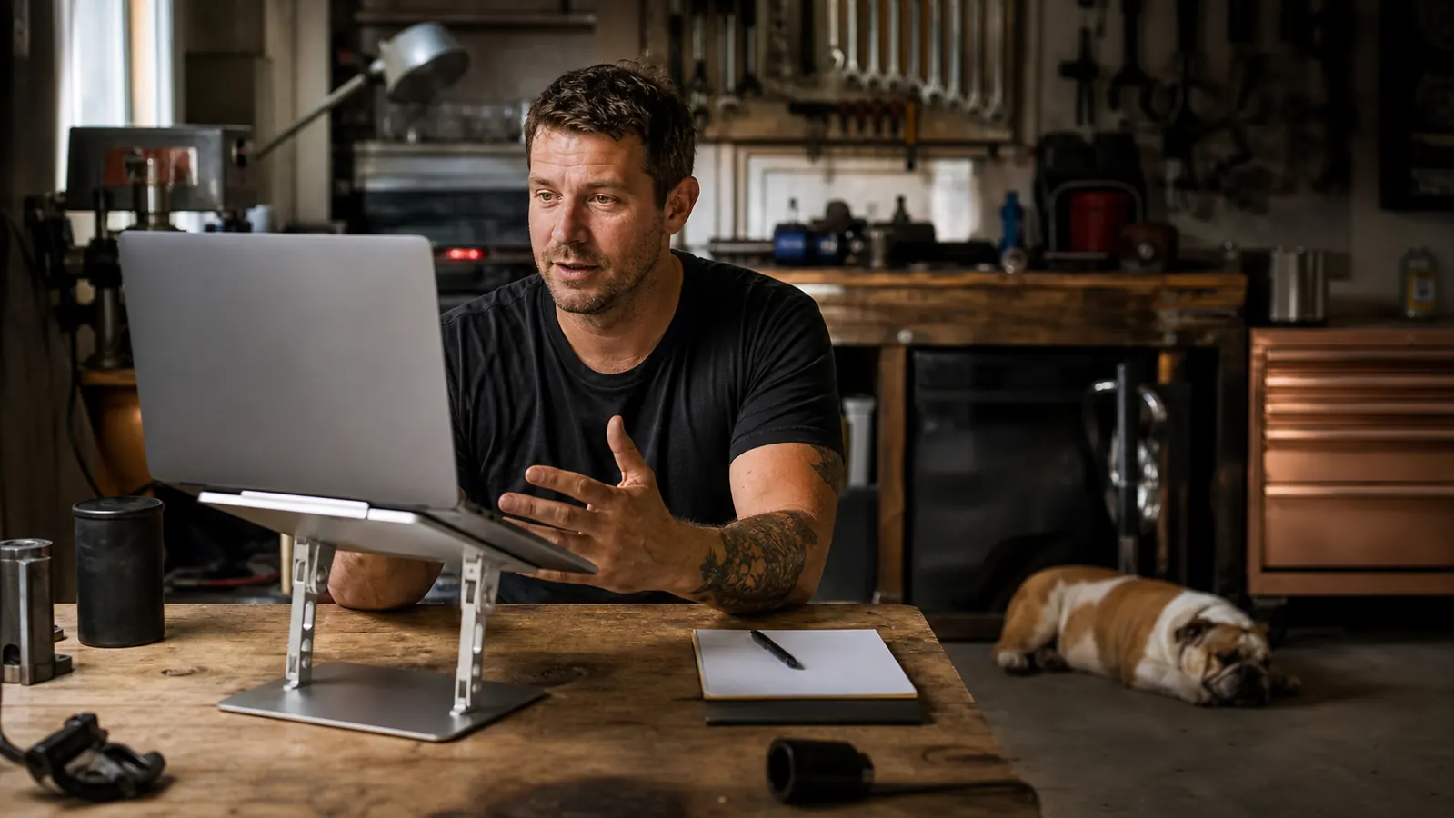 A man on a video call at a desk in a garage office, laptop raised on a silver aluminum stand so he looks straight into the camera, a bulldog napping behind him